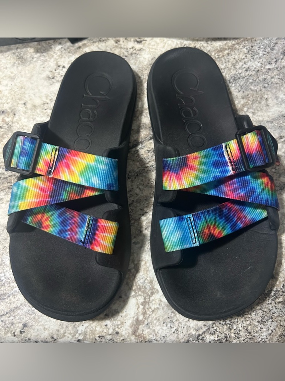 Chaco Black Footbed Slide Sandals with Rainbow Tie-Dye Straps
